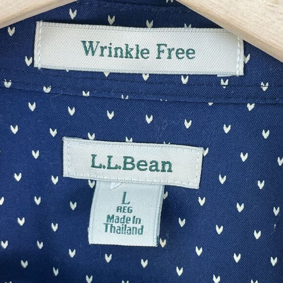 LL Bean Womens Large Wrinkle Free Navy Button Up Shirt White Heart Print Blouse - Picture 3 of 10